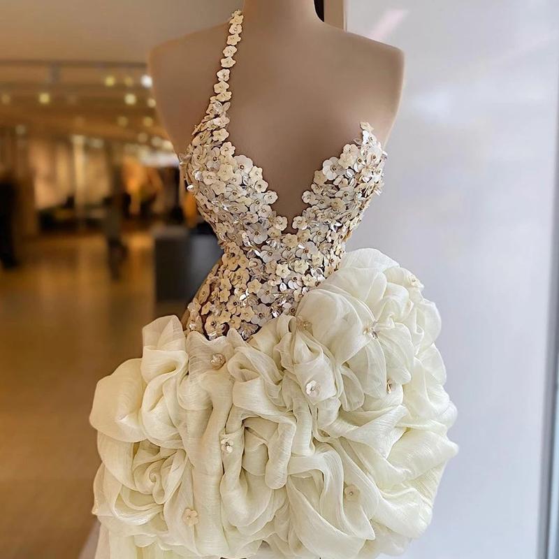 2023 White Ruffles Short Dresses Mini Prom Dress Beading Lace Sequins With Detachable Train Evening Dresses Ball Dresses