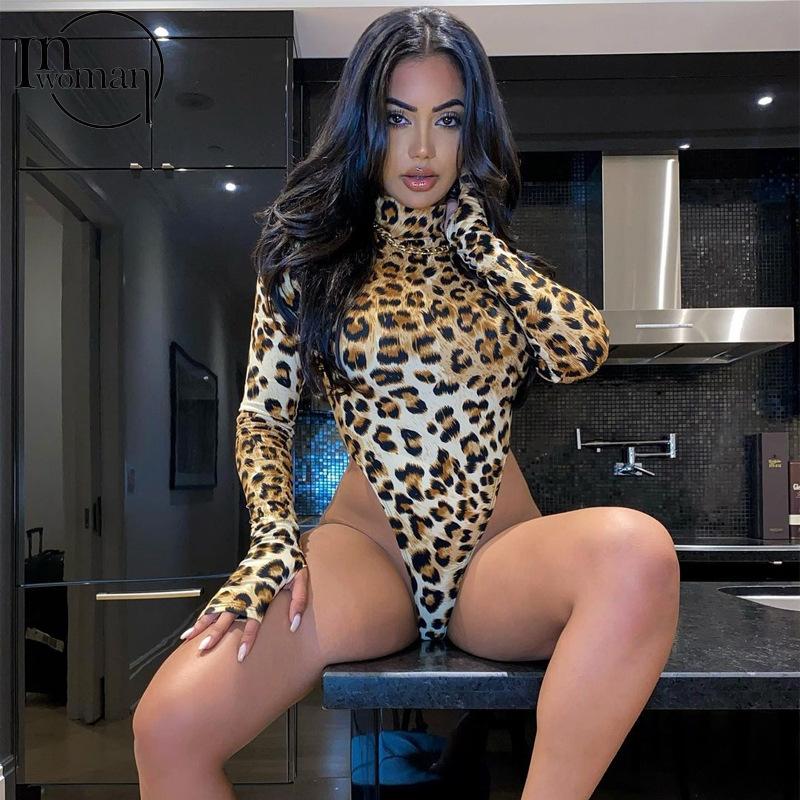 Women039s Two Piece Pants INWOMAN Sexy Clubwear Leopard Print Turtleneck Long Sleeve Bodysuit Women Slim Elastic Jumpsuit Femal4591463