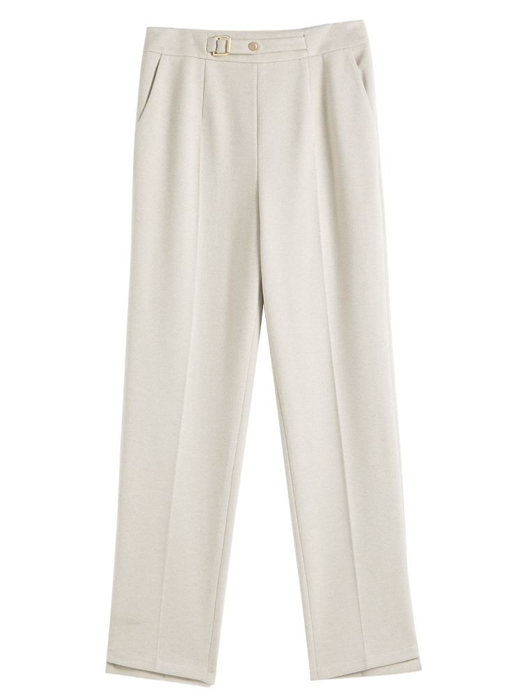 FSLE Women's Winter Nine-point Thick Woolen Trousers Black Straight-leg Suit Slack Waist Decoration Beige Pants 220325