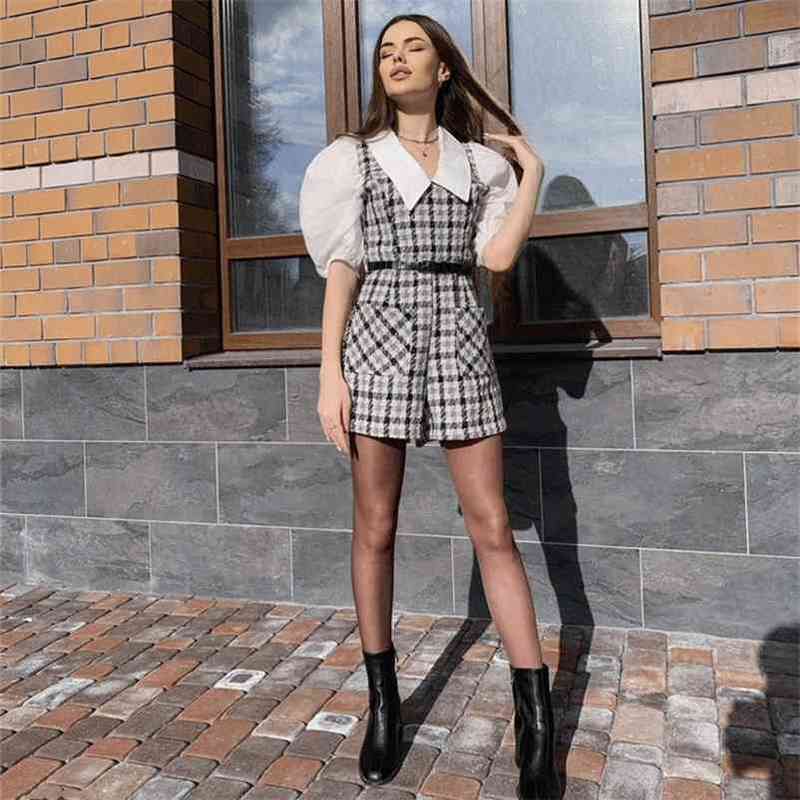 Casual Woman Plaid Tweed Belt Playsuits Summer Fashion Ladies Puff Sleeve Rompers Female Elegant Zipper 210515