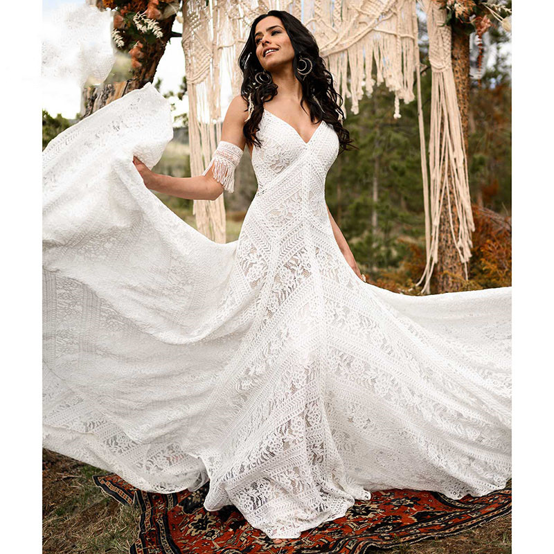 Trouwjurk Mermaid Boho Bohemian Wedding Dresses with Detachable Sleeve crochet Lace V Neck Spaghetti Straps suknia slubna syrenka 2022