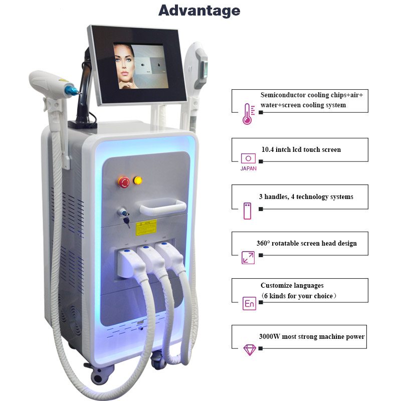 Aesthetics nd yag laser skin rejuvenation opt ipl machine hair removal elight pigmentation treatment rf wrinkle lifting machines 3 handle