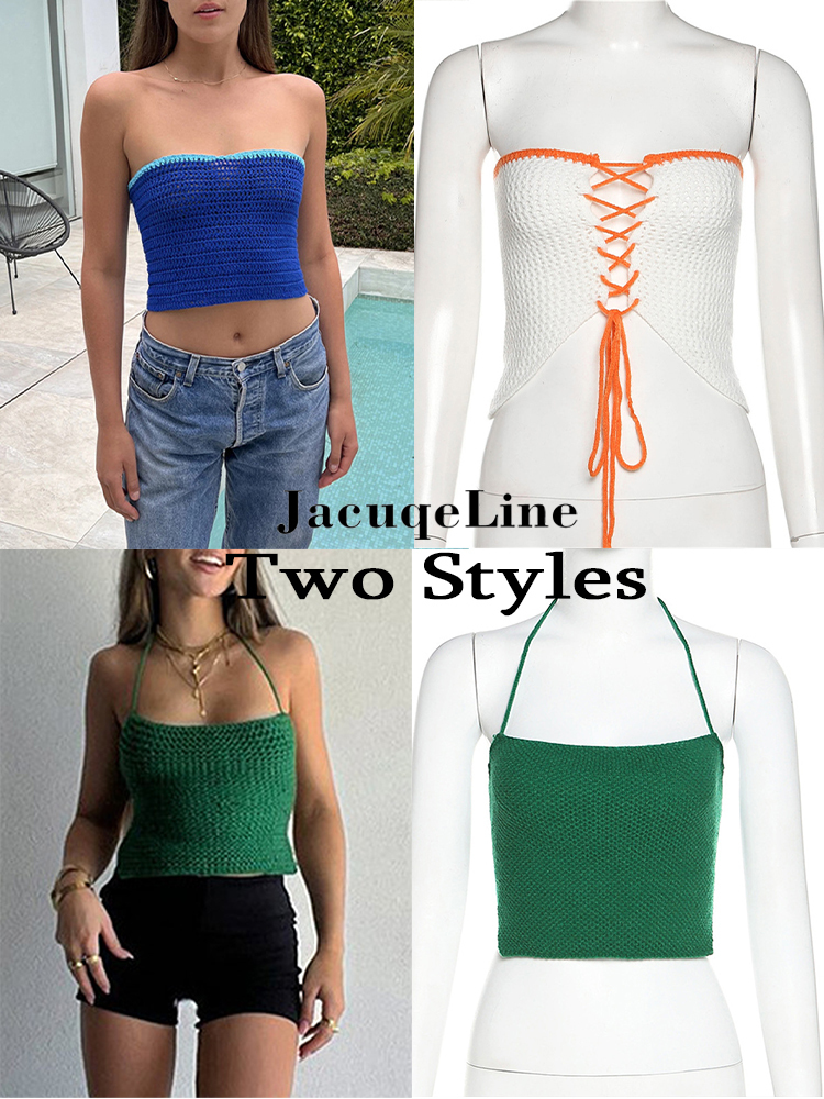 JacuqeLine Summer Y2K Green Knitted Strapless Crop Top Women Sleeveless Patchwork Vintage Bandage Sexy Tank Tops Backless 220316