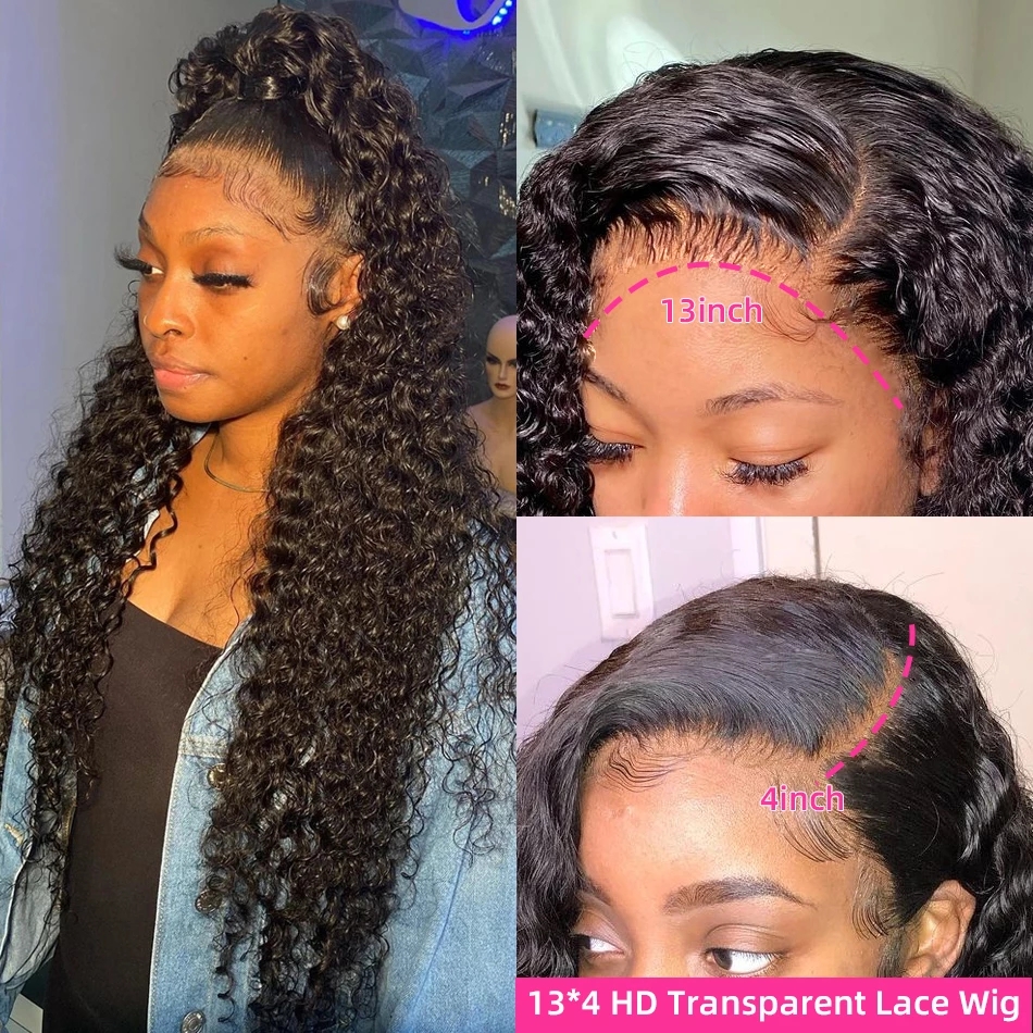 Free shipping 30 40 Inch Deep Transparent Lace Front Human Hair Wigs 250% Brazilian Water Wave Curly 13x4 Frontal Wig For Women Synthetic Heat Resista