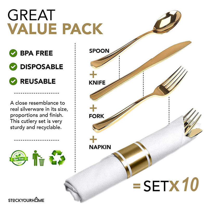 40 Pieces of PreRolled Golden Plastic Silverware Disposable Cutlery and Napkin Suitable for 10 People Dinner Party Wedding6582708