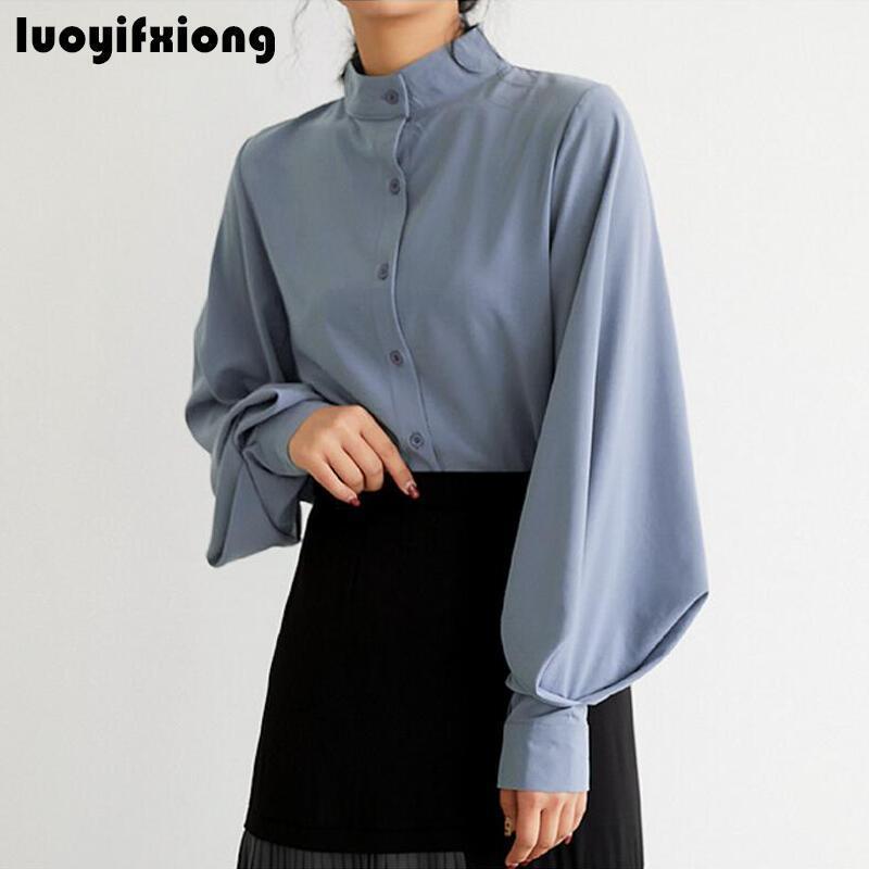 Women's Blouses & Shirts Stand Collar Women Chiffon Blouse Vintage Lantern Sleeve Loose Womens Tops And Korean Blusas Mujer, Blue
Women's Blouses & Shirts Stand Collar Women Chiffon Blouse Vintage Lantern Sleeve Loose Womens Tops And Korean Blusas Mujer, Blue