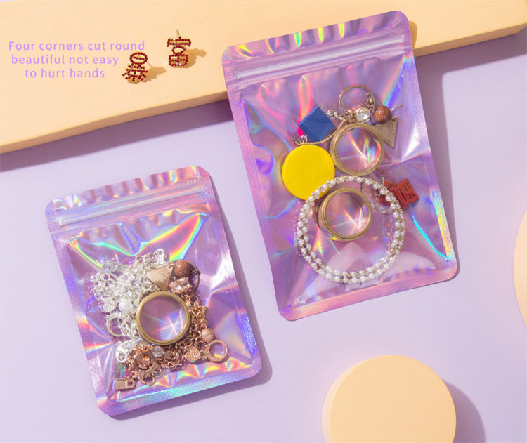 100PCS Anti Oxidation Jewelry Earrings Packaging Bags Resealable Clear Front Holographic Laser Trinkets Phone Case Bracelets E-cigarettes Gifts Storag