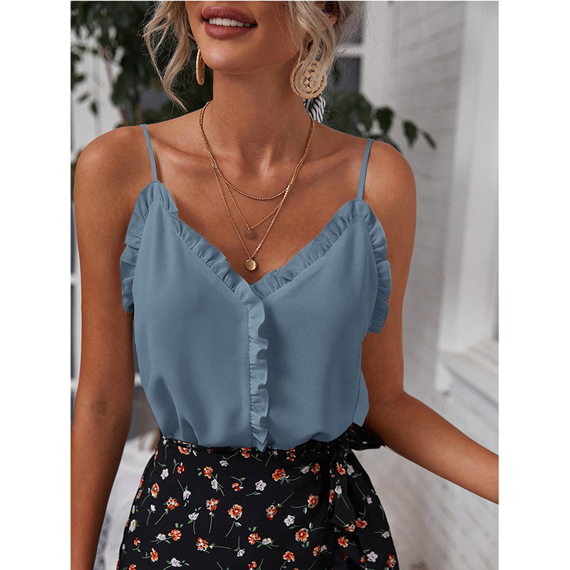 T-shirt Women Summer Temperament Sexy V-Neck Ruffles Backless Pullover Solid Chiffon Camisole Top Women's Clothing 220316