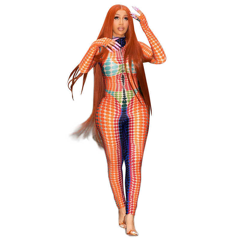 2023 autumn women's new fashion print long sleeve round neck high waist bodysuit women