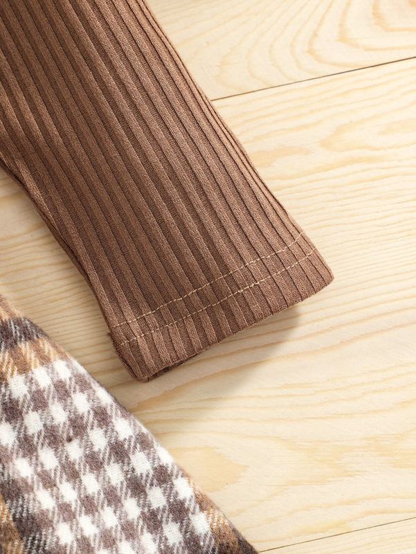 Toddler Girls Ruffle Trim Tee With Plaid Bow Front Pinafore Skirt SHE