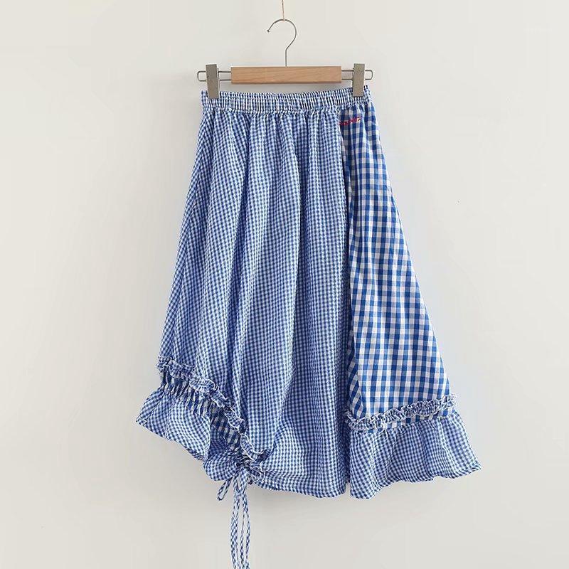 Summer Women Skirts Japanese Style Mori Girl Blue Plaid Irregular Stitching Drawstring Cotton Linen A-line, As pic
Summer Women Skirts Japanese Style Mori Girl Blue Plaid Irregular Stitching Drawstring Cotton Linen A-line, As pic
