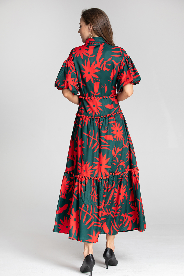 Women's Runway Dresses Turn Down Collar Short Sleeves Printed High Street Fashion Dress Vestidos