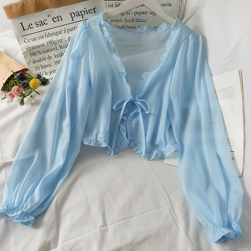 Pearl Diary Women Sheer Chiffon Beach Cover Up Top Long Sleeve See Through Summer Ruffle Neckline Tie Front Casual Cute Tops 220516