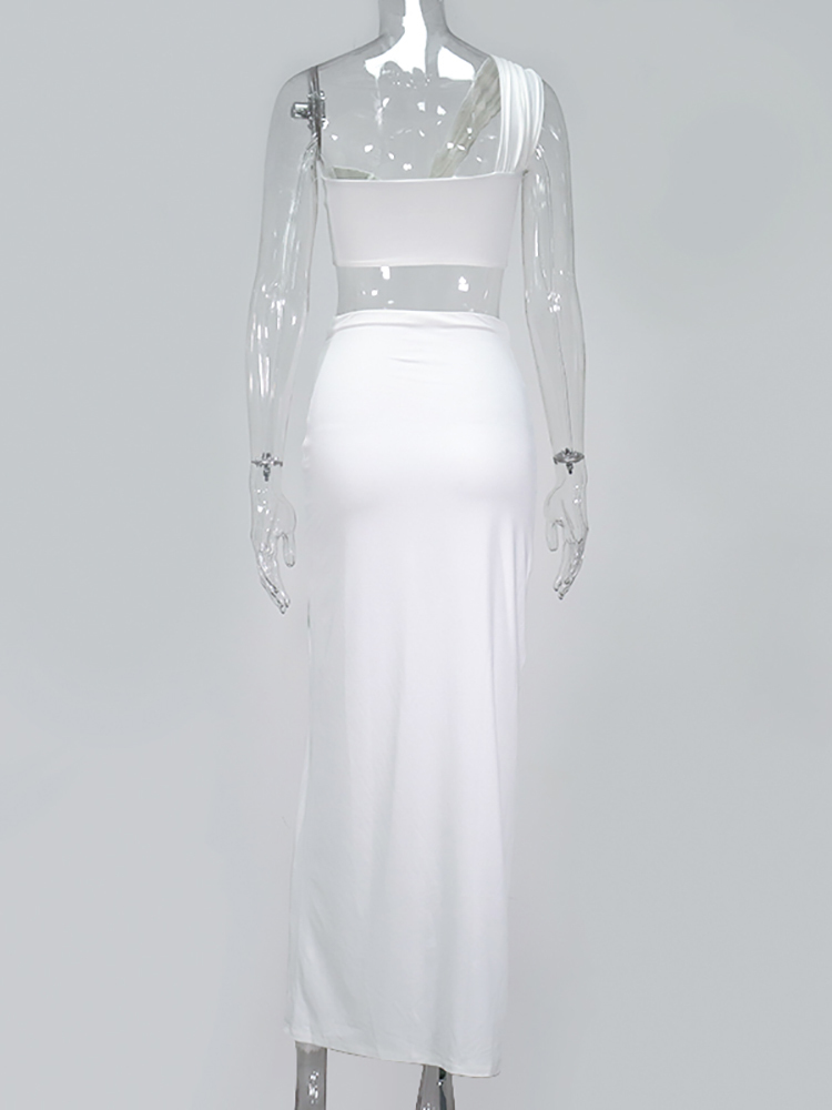 Asia Sexy Crop Top Side Split Long Skirts Two Piece Set Women Twist One Shoulder 2 Piece Sets Summer White Party Clothes 220602