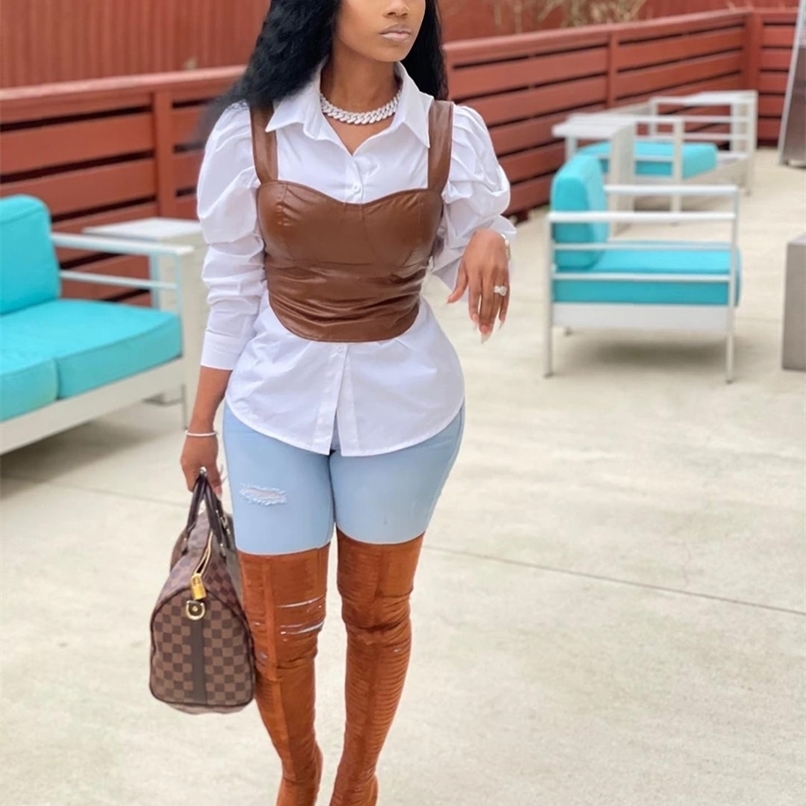 CM.YAYA Women Solid Sleeveless Faux Leather PU Tank Tops Fashion Tunic Crop 220316