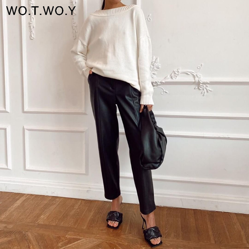 WOTWOY Elegant Spliced PU Leather Pant High Waist Office Lady Fomal Trousers Female Black Straight with Pockets 220325