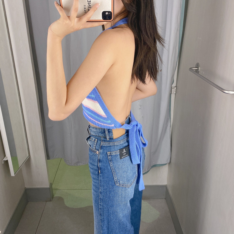 Summer Women Striped Tops Bow Lace Up Halter Backless Chic Lady Fashion Sexy Woman Clothes 220316
