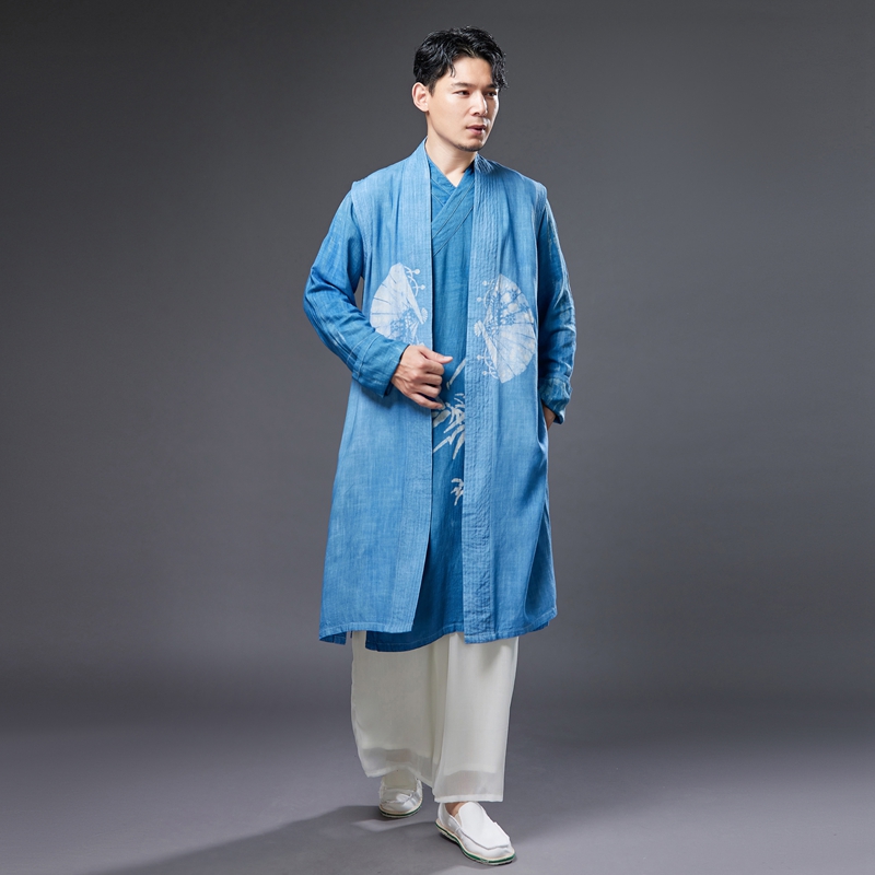 Ethnic Clothing for Men Chinese Hanfu Male cheongsam Traditional Tang suit Oriental Costume Breathable print blue Asian outfit