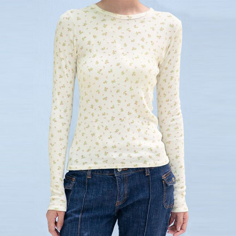 Floral Print Slim T-shirt Women Summer Casual Soft Round Neck Long Sleeve Tee Shirt Female Vintage Chic Boho Waffle Tops 220328
