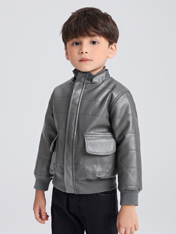 Toddler Boys Zip Up Flap Pocket PU Leather Jacket SHE