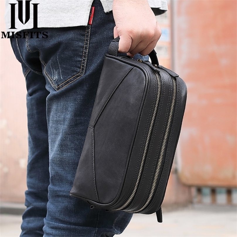 MISFITS men cosmetic bag genuine leather fashion makeup bag travel toiletry case handheld make up wash bags for male organizer 210305