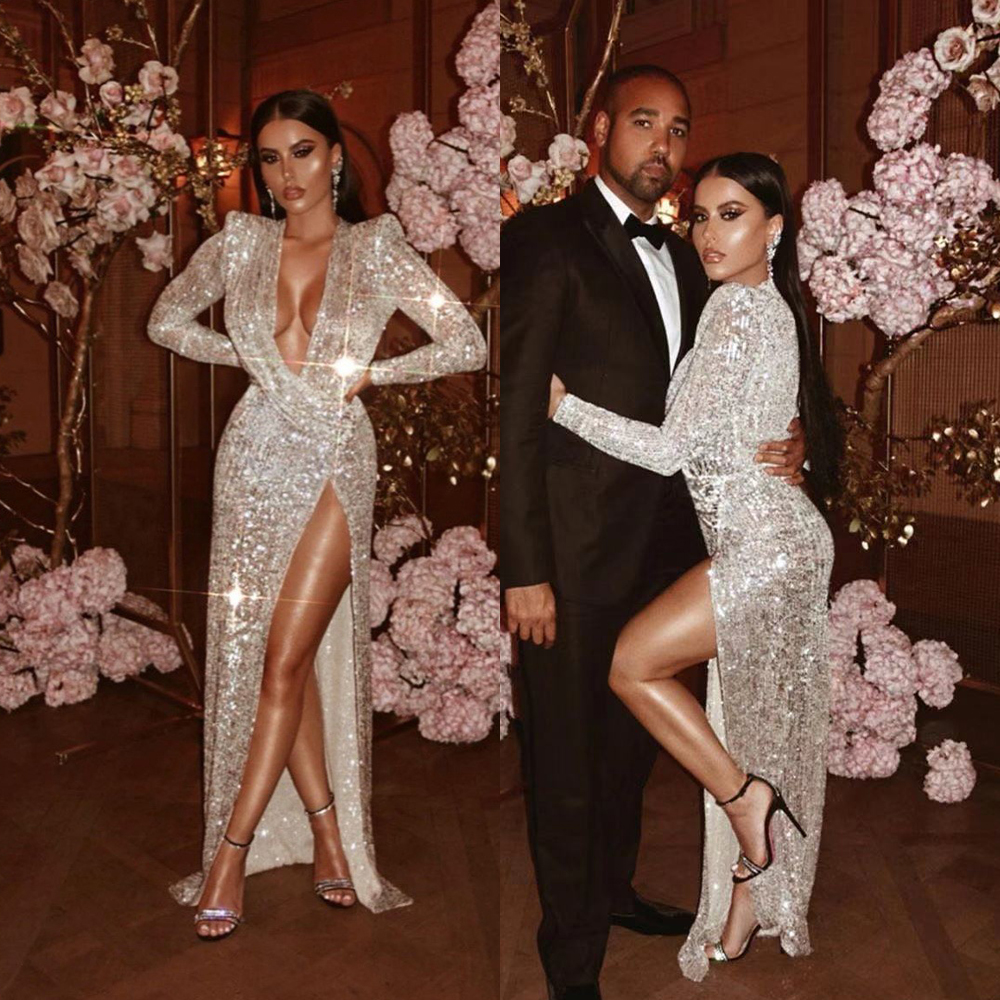 Bling Sequined Silver African Mermaid Prom Dress Deep Veck Long Sleeve Side Split Evening Dresses Birthday Party Special Occasion Gowns