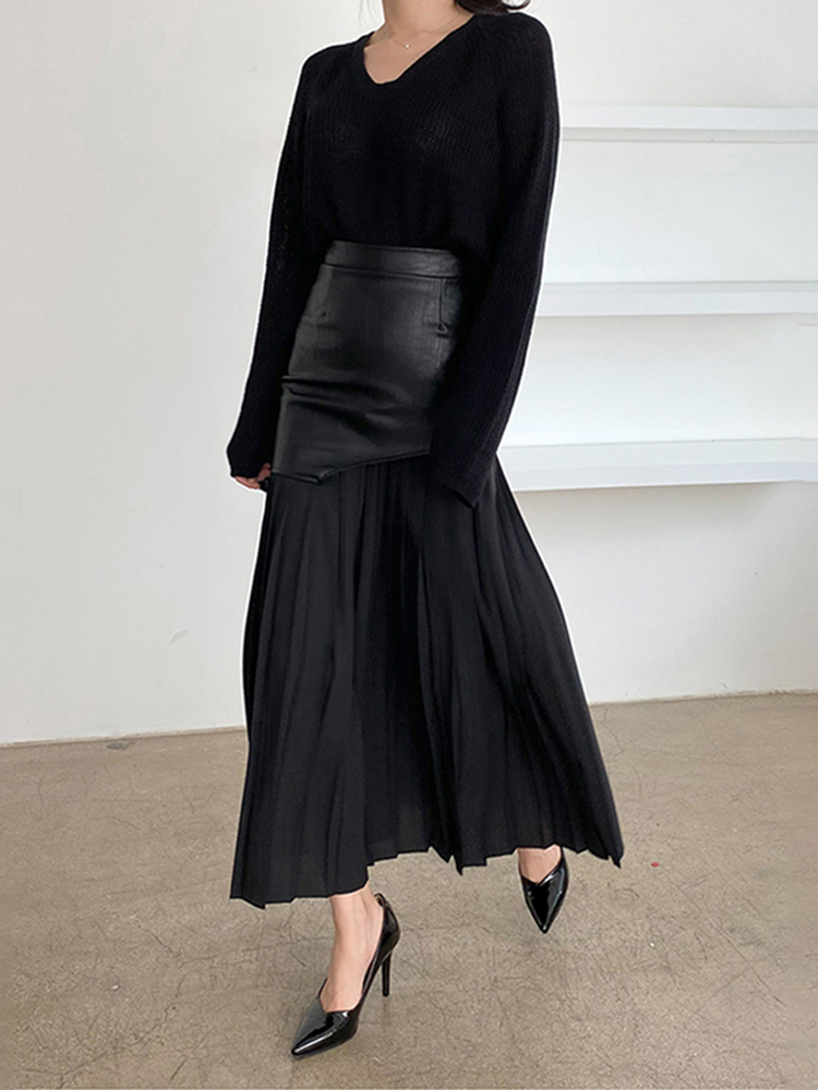 DEAT White Long Autumn Leather Patchwork A-line Wrap Hip Temperament Fashion Women's Pleated Skirt 7Z206 220317