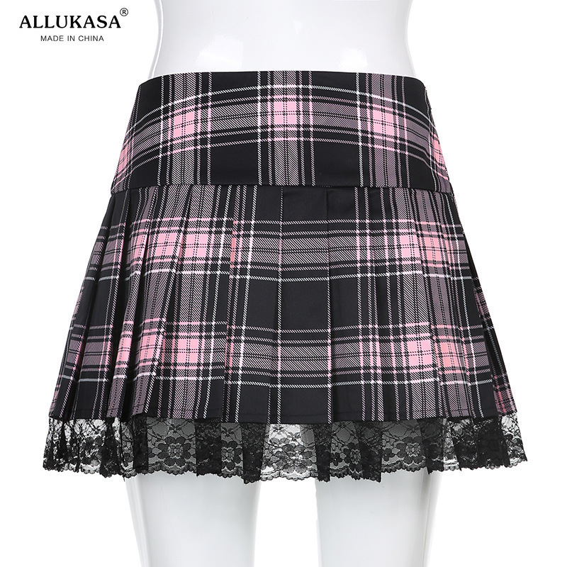 Lace Up Goth Y2K Woman Skirts Pink Stripe Plaid Trim Pleated School Skirt Punk Dark Academia Aesthetic E Girl Clothes 220317
