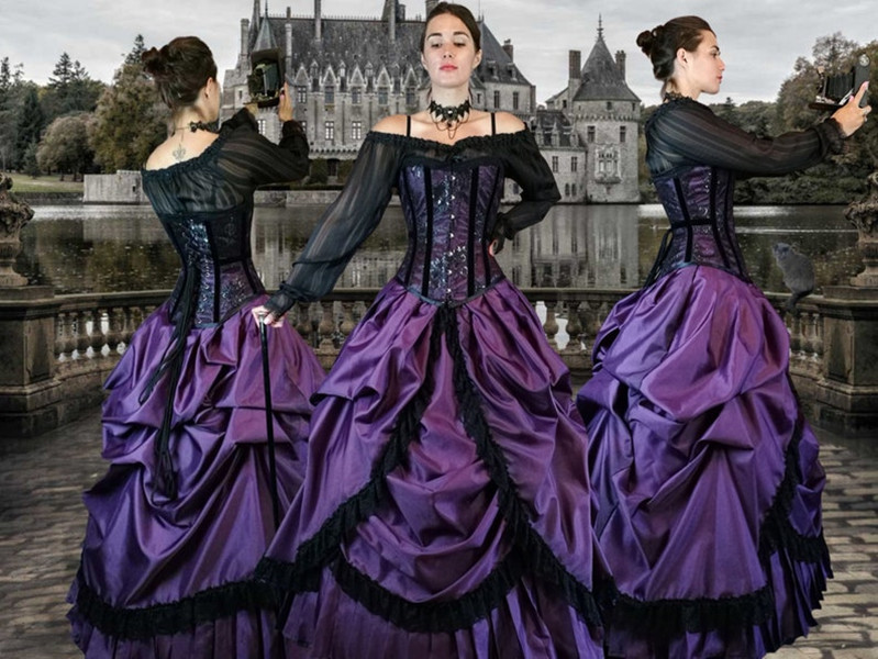 Amethyst Majestica Gothic Victorian Wedding Dress with velvet long sleeve jacket lace-up corset black outdoor punk bridal gowns