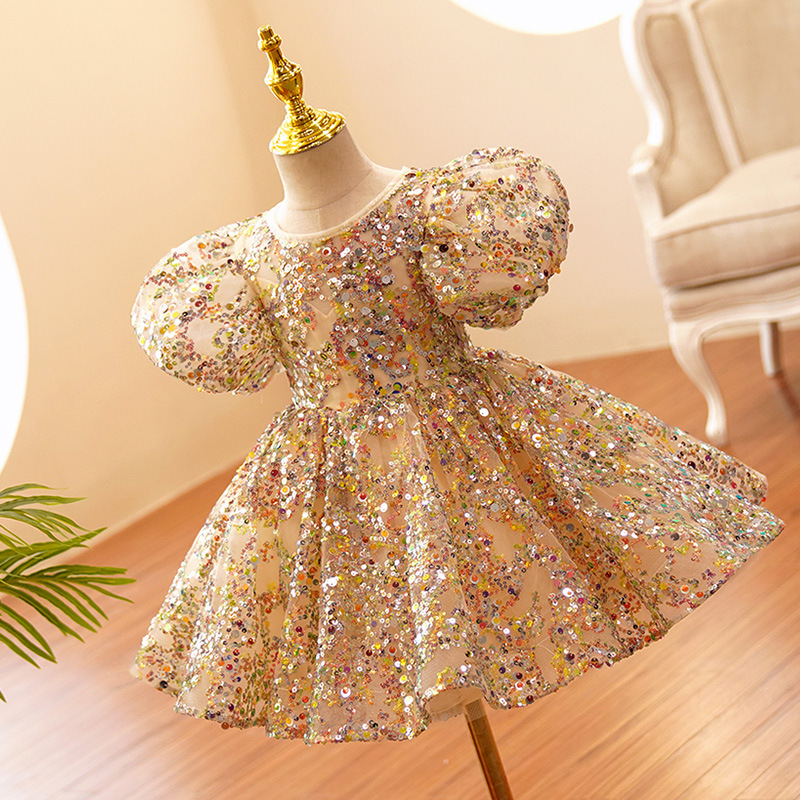 Elegant Gold Princess Sequined Blingbling Floor Length Ball Gown Pageant Dresses For Teens Toddler Girls Flower Dress 403