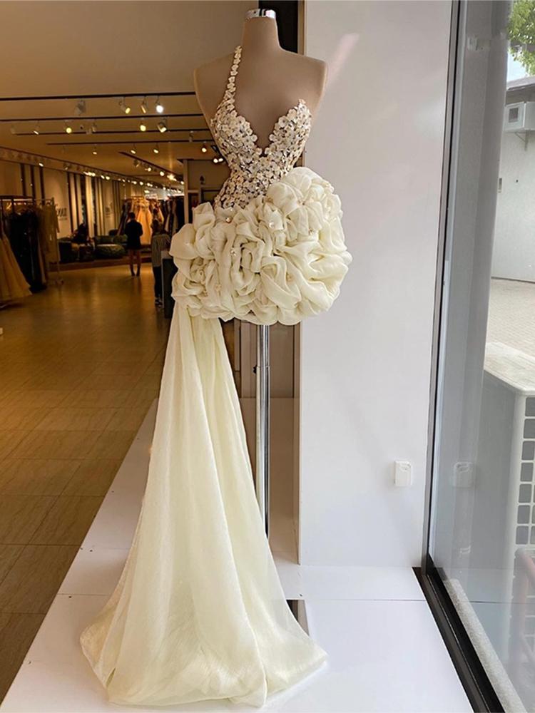 2023 White Ruffles Short Dresses Mini Prom Dress Beading Lace Sequins With Detachable Train Evening Dresses Ball Dresses