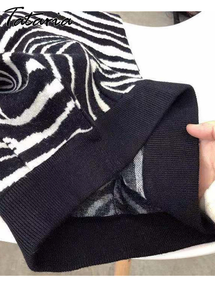 Zebra Stripe Women Midi Knitted Skirt Female High Waist Vintage Pleated Straight Animal Print Ladies 220322