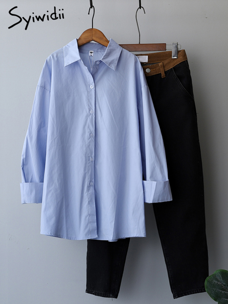 Syiwidii Long Sleeve Blouse Woman Button Up Shirt Loose Office Lady Tops Korean Fashion White Blue Oversize Spring Autumn 220407
