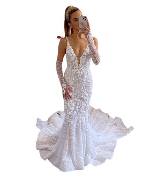 Pallas Couture Beach Mermaid Wedding Dresses with Long Sleeve Floral Lace Sexy Backless V-neck Bridal Gown Summer Holiday Abito sposa curvy