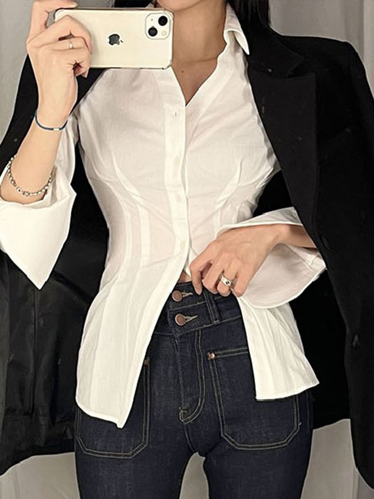 Rapcopter Y2K Button Crop Top Ruched Full Sleeve T Shirt Turn Down Collar Retro Elegant Cardigan Corset Tee Korean 220714