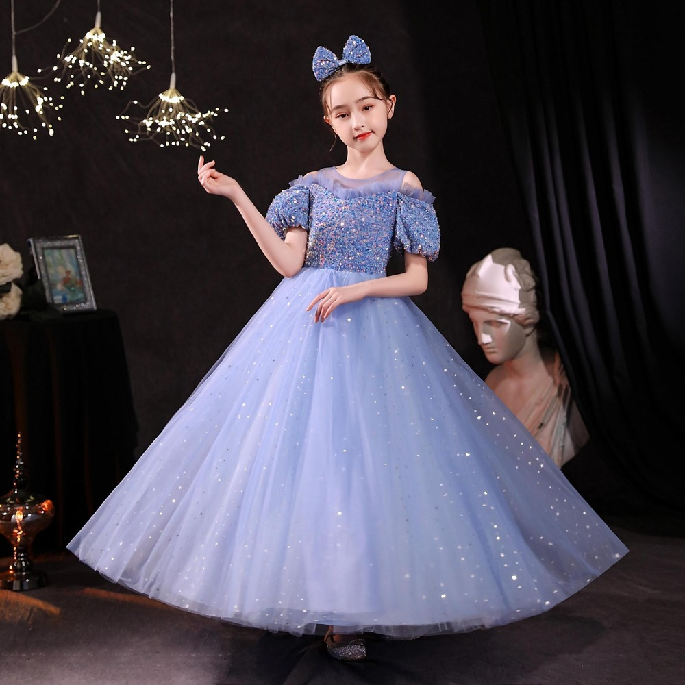Blue Girls Pageant Sequined Toddler Gowns Jewel Long Formal Kids Party Ball Gown Flower Girl Dresses For Weddings 403