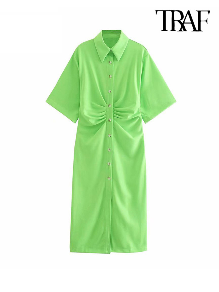 TRAF Women Chic Fashion Buttonup Draped Midi Shirt Dress Vintage Short Sleeve Side Zipper Female Dresses Vestidos 220707