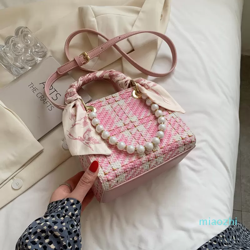 Bag Women 2021 Summer New Fashion Woolen Plaid Portable Princess Bag Women's Net Red Texture Pearl Diagonal