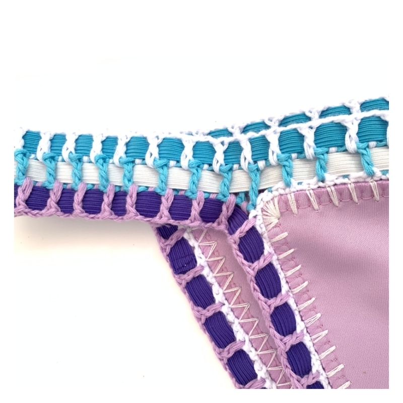 Women Sexy Swimwear with Elastic Swimsuit Handmade Crochet Lilac Bikini Sets 220611