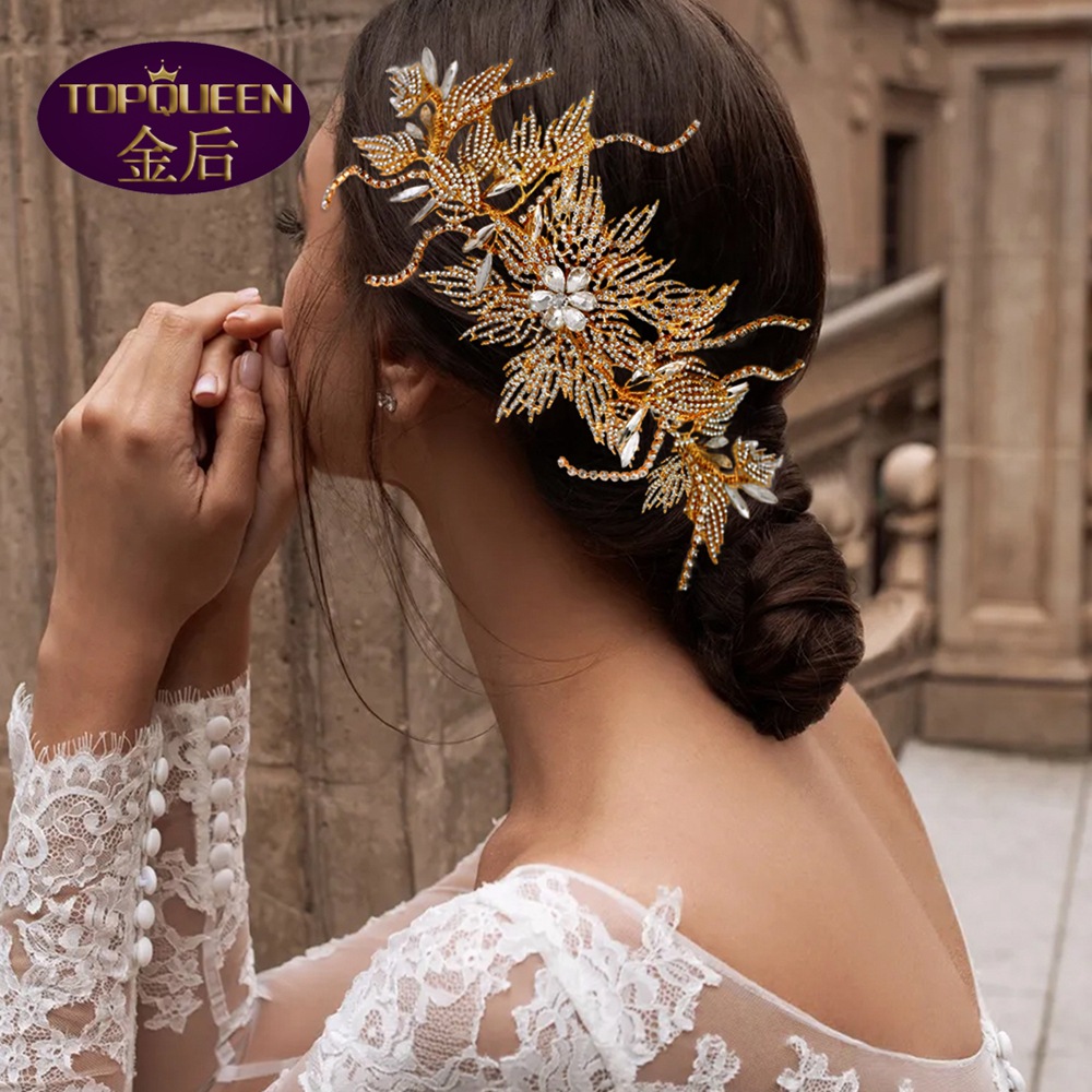 Gold Hollow Alloy Leaf Diamond Bridal Tiara Baroque Beautiful Headpieces Bride Ladies Jewelry Crowns Bride Wedding Crown Accessories European Retro Pa