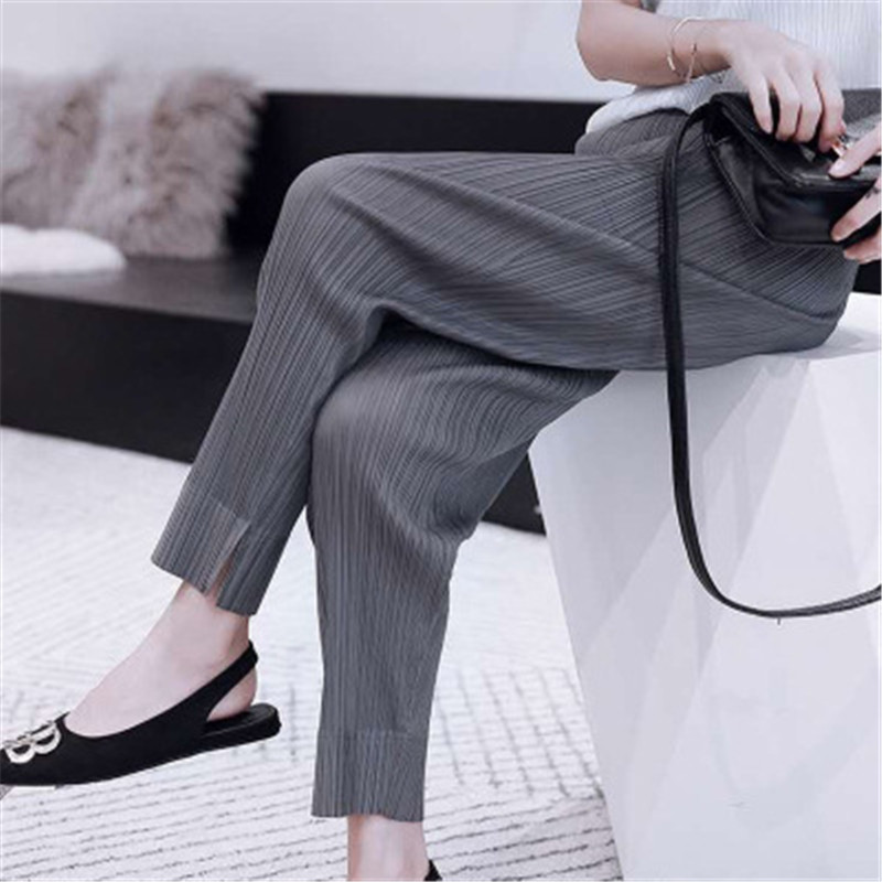 Miyake pleated fashion cropped trousers, solid color, large size, slim fit, urban casual pants, split women's pants 220325