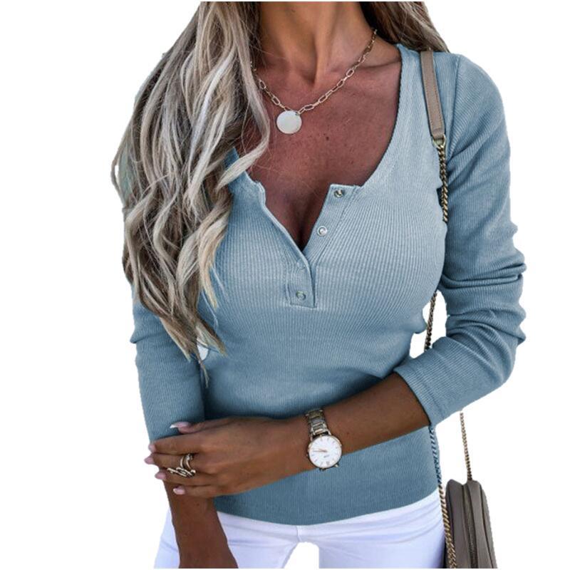 Women Causal Long Sleeve Slim Fit Shirts Autumn Knitted Ribbed Pullover Button Tops Elegant V-Neck Solid Henley 220328