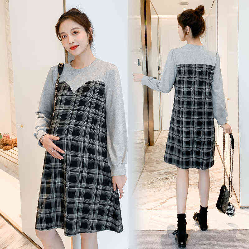 And Autumn Loose Maternity Dress Long Lantern Sleeves Cotton Patchwork Plaid Pregnant Woman Plus Size Dress Clothing J220628