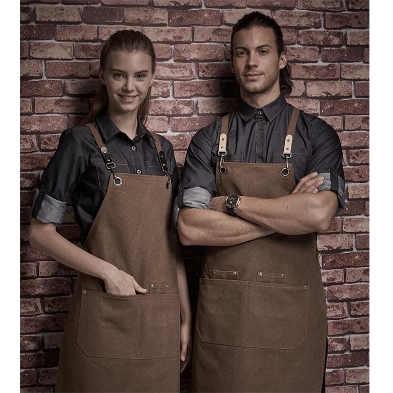 Heavy Duty Waxed Canvas Work Apron with Tool Pockets BBQ Coffee Bib Chef Kitchen ApronCrossBack Straps & Adjustable ML 201007