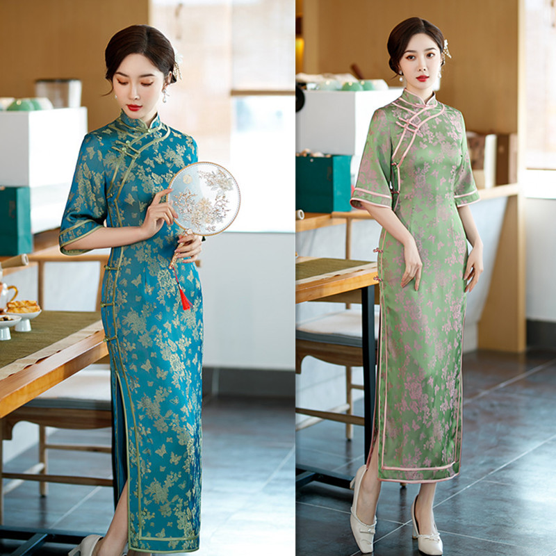 Traditional ethnic clothing Women cheongsam Robe elegant Asian Costume Half sleeve Dress classical oriental Vestidos