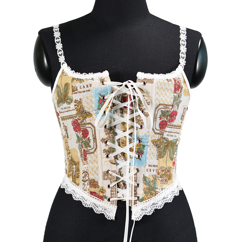 Women Bloom Garden Printed Lace Camis Bustier Crop Fashion Linen Tanks Vintage Plastic Boned Overbust Cropped Corset Tupe Tops Cyber Baby Tee Ropa Fai