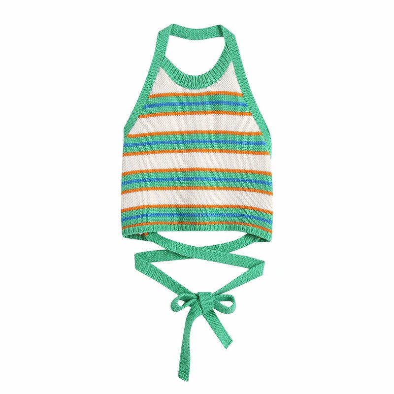 Summer Women Striped Tops Bow Lace Up Halter Backless Chic Lady Fashion Sexy Woman Clothes 220316