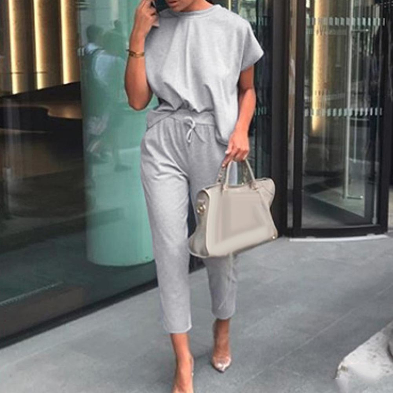 Summer Women Elegant Short Sleeve Pants Sets Female Casual Outfits Jogger Two Piece Set Korean Sports Suit Solid Color Cotton Tr D220611
