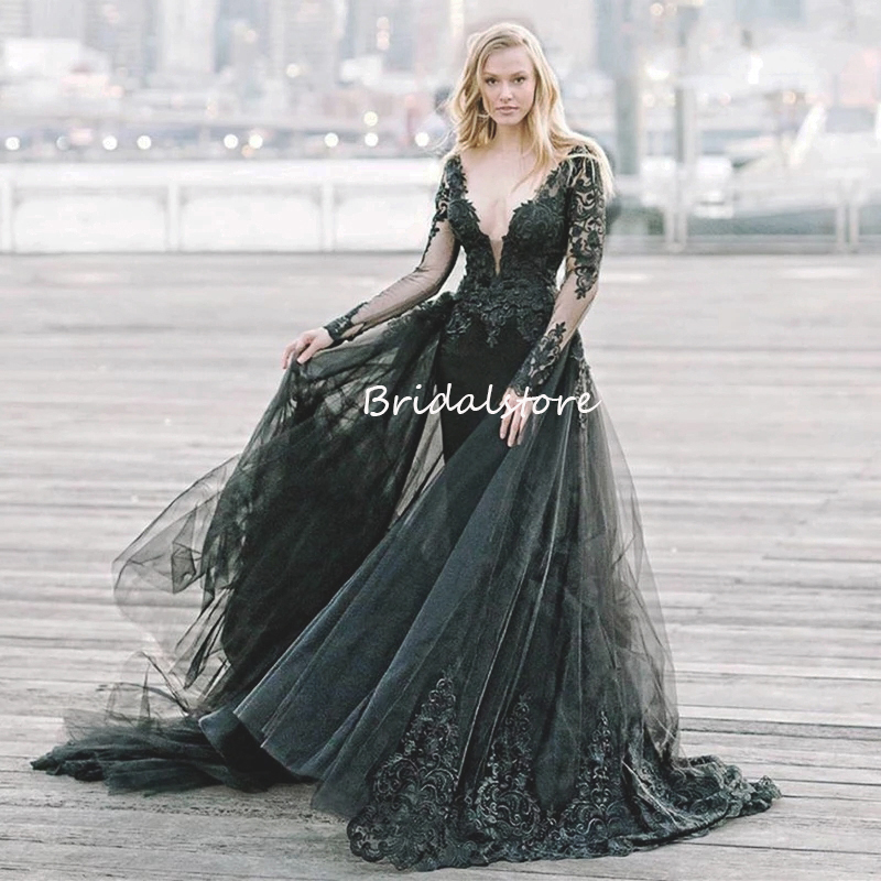 Vintage Gothic Black Mermaid Wedding Dress With Deatchable Train 2022 Boho Country Long Sleeve Bridal Dresses V Neck Lace Elegant Women Applique Lace 