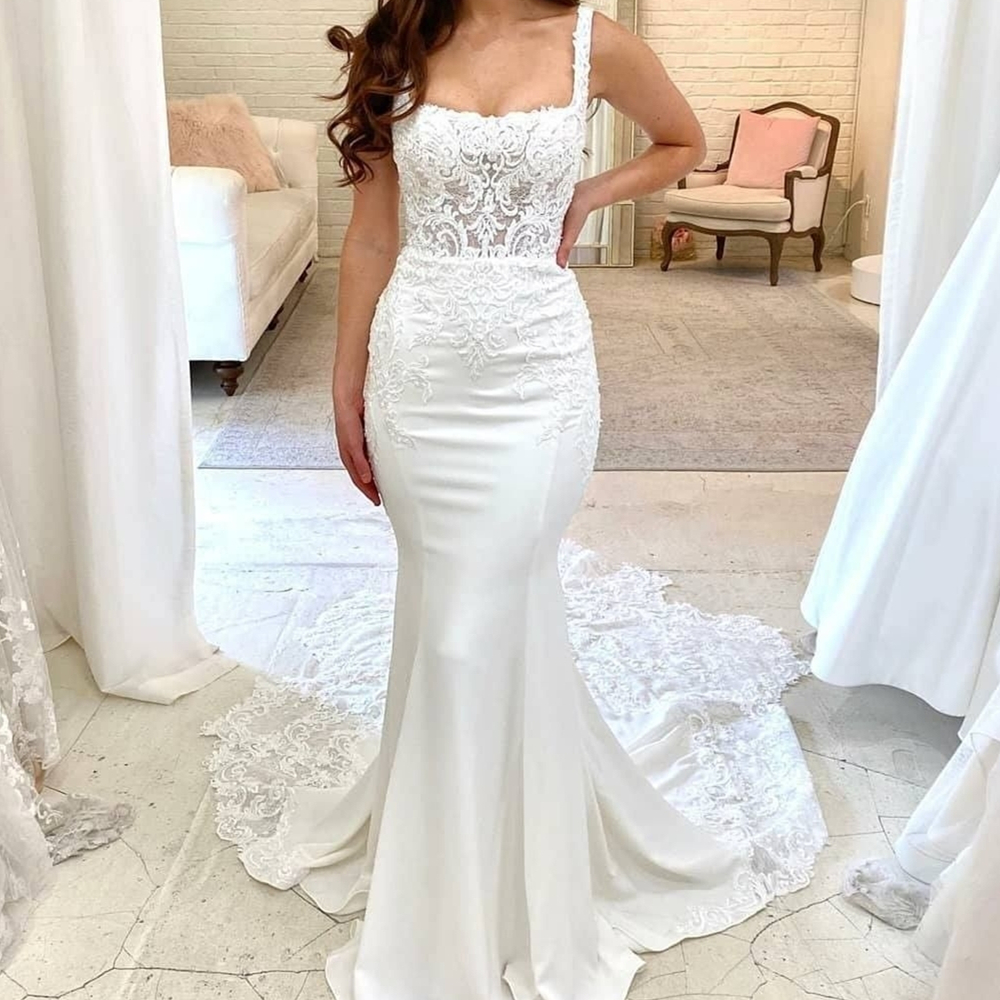 Mermaid Wedding Dress White For Women Square Collar Lace Appliques Satin Robe De Mariee Floor Length Bridal Gowns Custom Made 2022